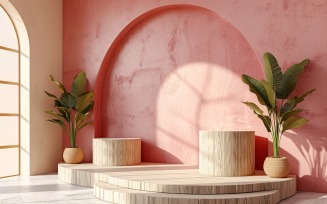 Podium for Product Presentation with Leafs Plants, Pink Wall 350