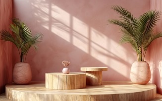 Podium for Product Presentation with Leafs Plants, Pink Wall 351