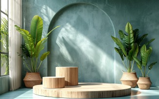 Wooden Podium for Product Presentation with Leafs Plants 312