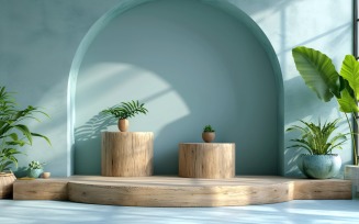 Wooden Podium for Product Presentation with Leafs Plants 313