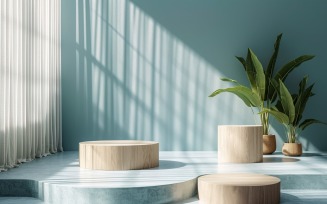 Wooden Podium for Product Presentation with Leafs Plants 314