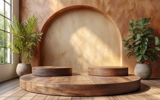 Wooden Podium for Product Presentation with Leafs Plants 339