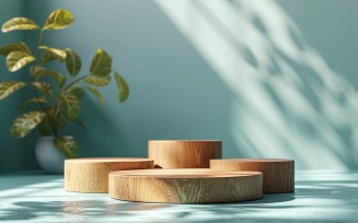 Wooden Podium for Product Presentation with Leafs Plants 340