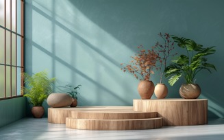 Wooden Podium for Product Presentation with Leafs Plants 341