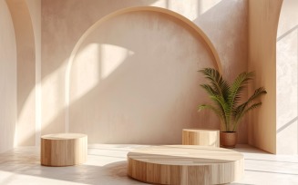 Wooden Podium for Product Presentation with Leafs Plants 347