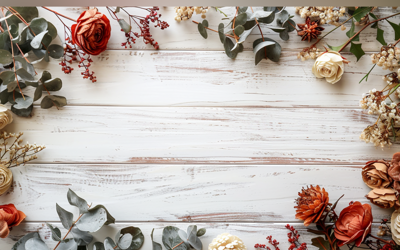 Festive autumn White Rustic Wooden Table leaves And flowers. 54 Illustration