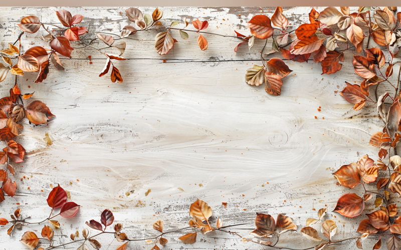 Festive rustic White wooden table.And leaves branches. 41 Illustration