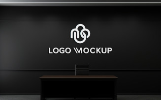 Indoor white logo mockup on black wall