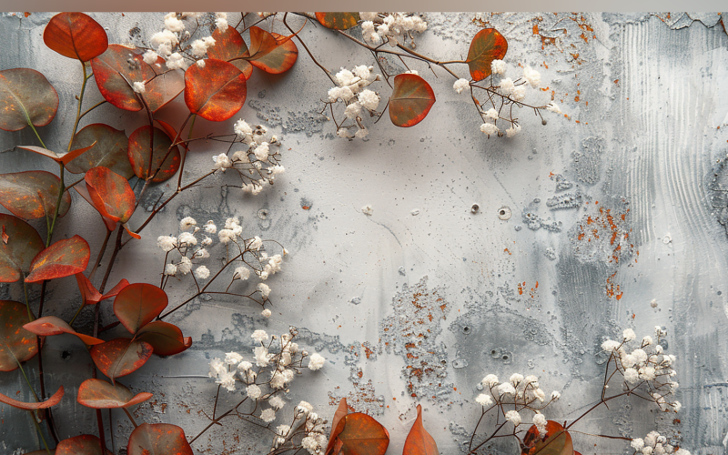 Autumn White Rustic Wooden Table With leaves & flowers 66 Illustration