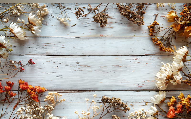 Festive autumn flowers Branches White Rustic Wooden Table 124 Illustration