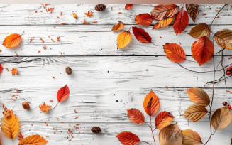 Festive autumn leaves Branches White Rustic Wooden Tablel. 79