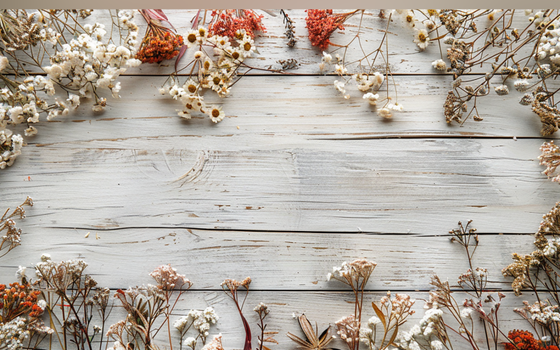 Festive autumn White Rustic Wooden Table Flowers Branches. 122 Illustration