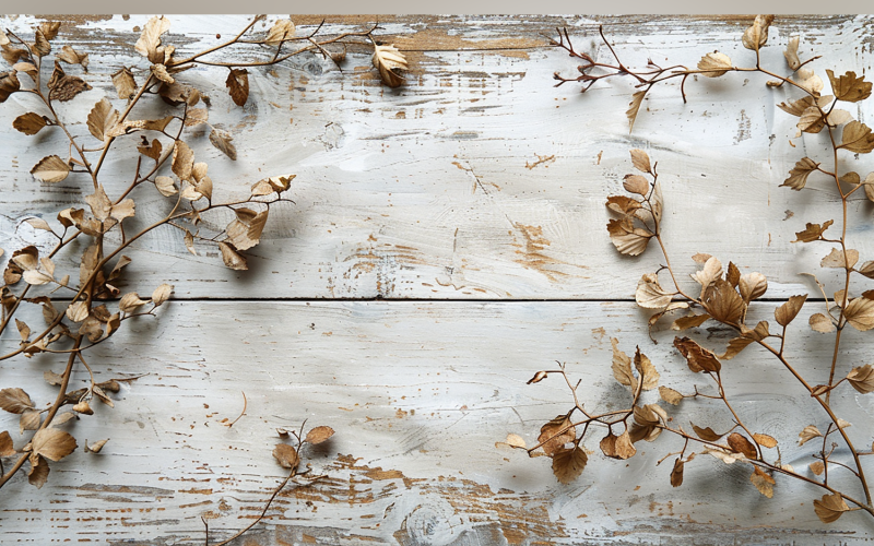 Festive autumn White Rustic Wooden Table leaves Branches. 55 Illustration