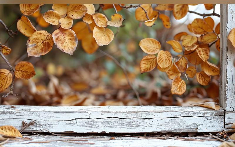 Festive autumn White Rustic Wooden Table leaves branches. 67 Illustration