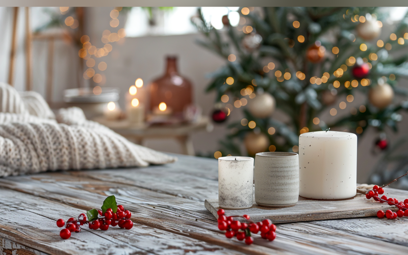 Festive autumn Candle On White Rustic Wooden Table 192 Illustration