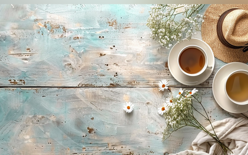 Festive autumn Flowers & Tea Cup White Rustic Wooden Table. 191 Illustration