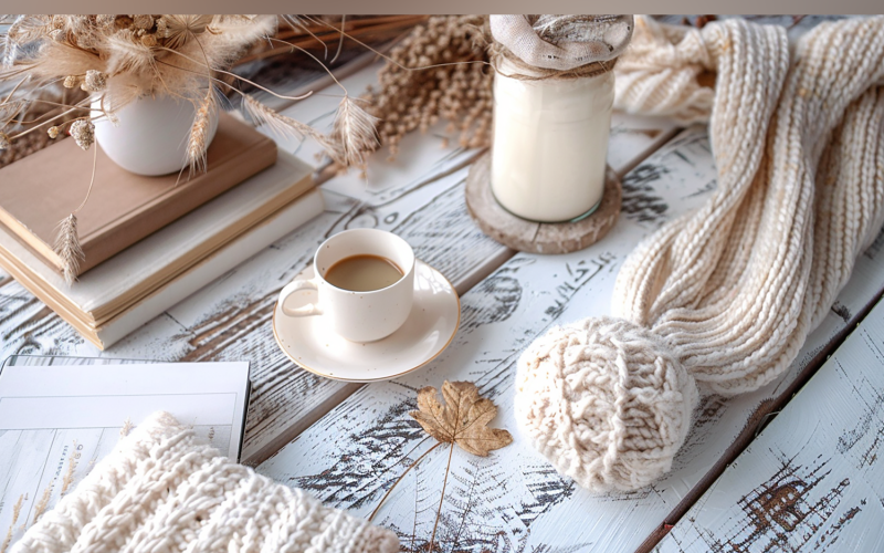 Festive autumn Flowers Branches Tea cup Rustic Wooden Table. 182 Illustration