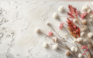 Festive autumn Flowers Branches White Plaster wall. 181