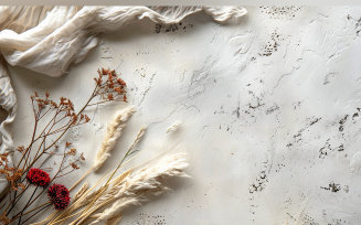 Festive autumn Flowers Branches White Plaster wall.