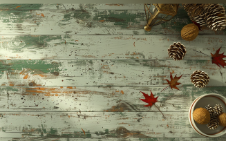 Festive autumn leaves & Pine Cone On Rustic Wooden Table. 199