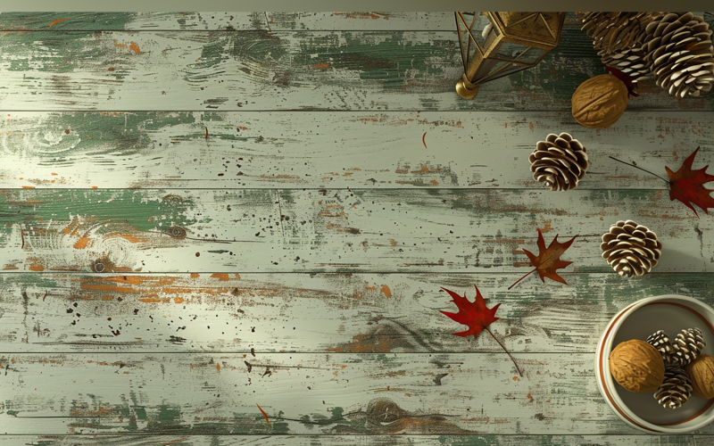 Festive autumn leaves & Pine Cone On Rustic Wooden Table. 199 Illustration