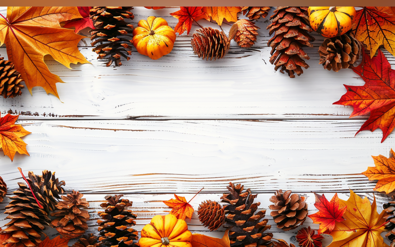 Festive autumn leaves & Pine Cone On Rustic Wooden Table. 200 Illustration