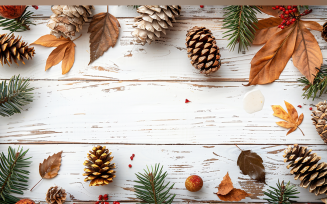 Festive autumn Pine cone On White Rustic Wooden Table 160