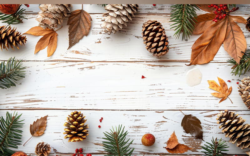 Festive autumn Pine cone On White Rustic Wooden Table 160 Illustration