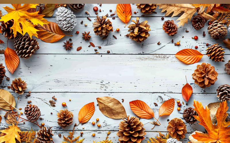 Festive autumn Red leaves Pine Cone On Rustic Wooden Table 184 Illustration