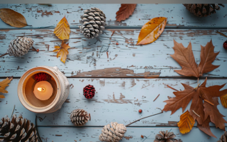 Festive autumn Red leaves Pine Cone On Rustic Wooden Table 185