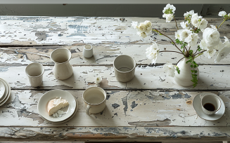 Festive autumn Tea Cup Flowers On White Rustic Wooden Table 195