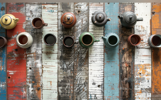 Festive autumn Tea Pots On Rustic Wooden Table. 207