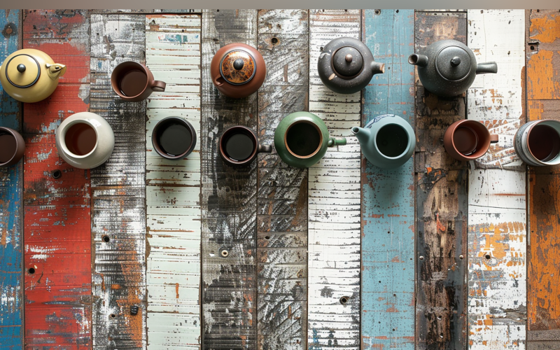 Festive autumn Tea Pots On Rustic Wooden Table. 207 Illustration