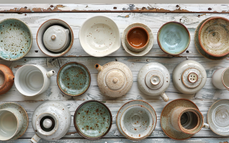 Festive autumn Tea pots On White Rustic Wooden Table. 208