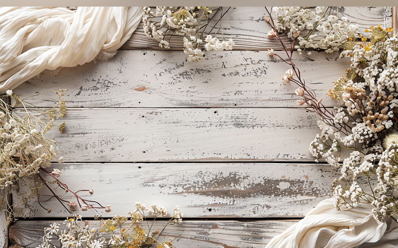 Festive autumn White Rustic Wooden Table Flowers Branches. 142 Illustration