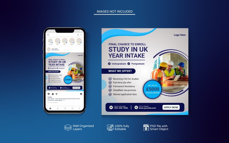 Modern Study Abroad Education PSD Template Blue Social Media