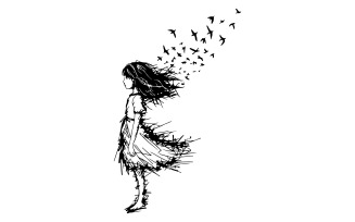 A logo with a haphazard line scribble of a girl dissolving into birds