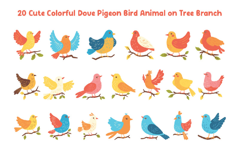 20 Cute Colorful Dove Pigeon Bird Animal Illustration