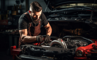 auto mechanic examining engine under hood of car at the repair garage