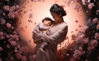 Beautiful young woman holding sleeping baby