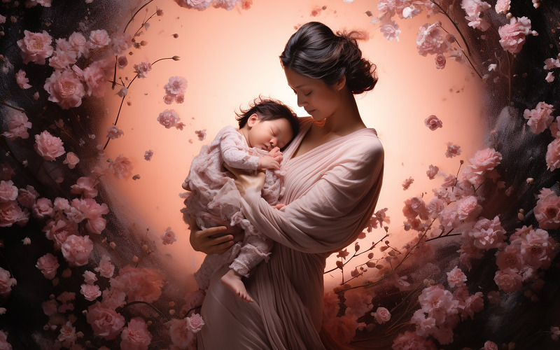 Beautiful young woman holding sleeping baby Illustration