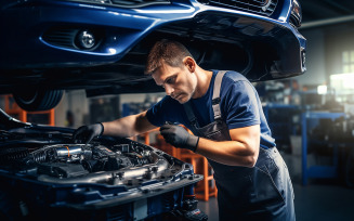 male mechanic examining engine under hood of car at the repair garage