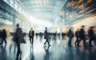 Blurred trade fair visitors walking in hall