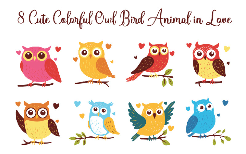 8 Cute Colorful Owl Bird in Love Illustration
