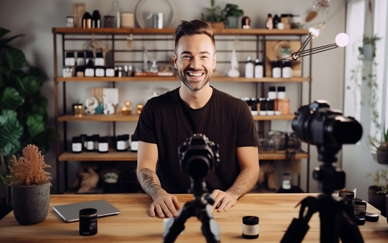 Portrait young Asian blogger making video Illustration