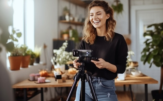 Young woman making photo or video content for social media with smartphone