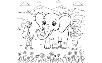 A black and white illustration of children coloring a large elephant