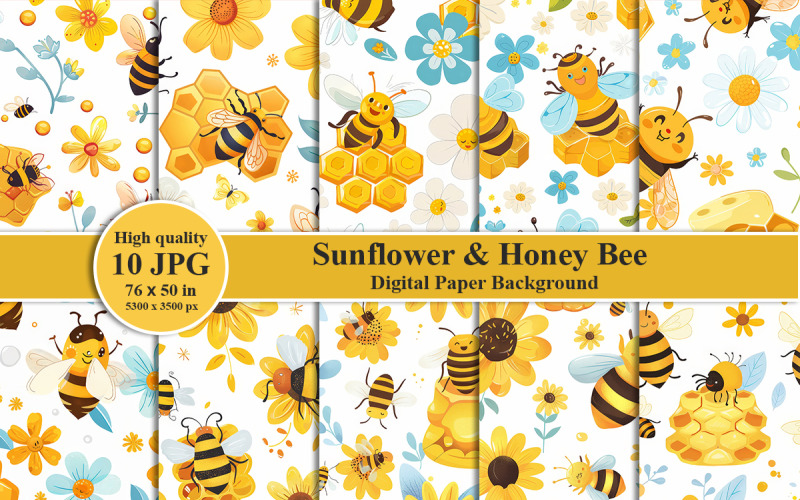 Sunflower and Honey Bee Printable Digital Paper and Pattern Background