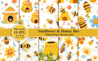 Vibrant Sunflower and Honey Bee Printable Digital Paper and Pattern Background