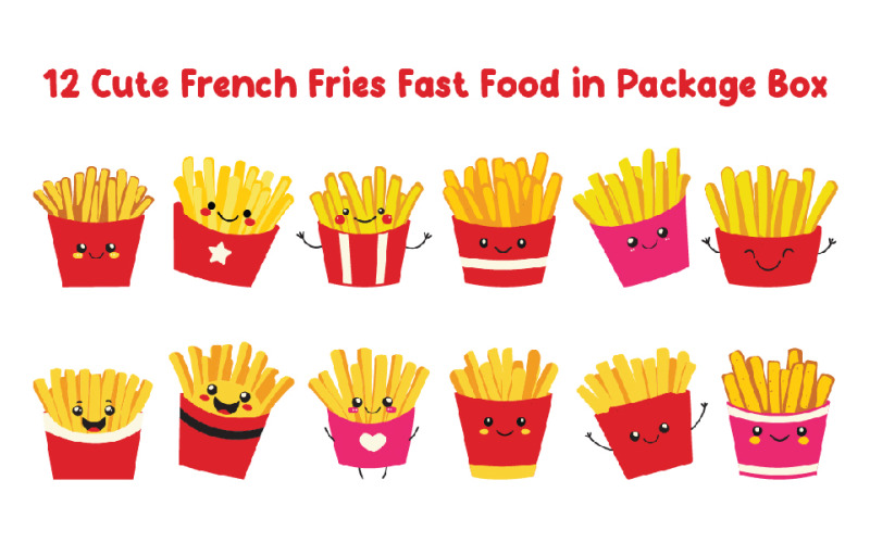 12 Cute French Fries Fast Food in Package Box Illustration